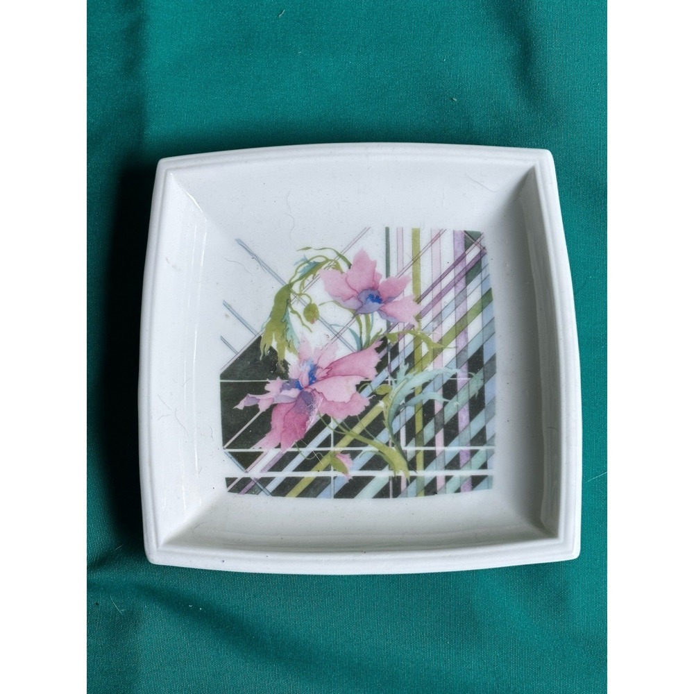 Coalport Harmony English Trinket Dish 5" Square Flowers Pink Gray Green